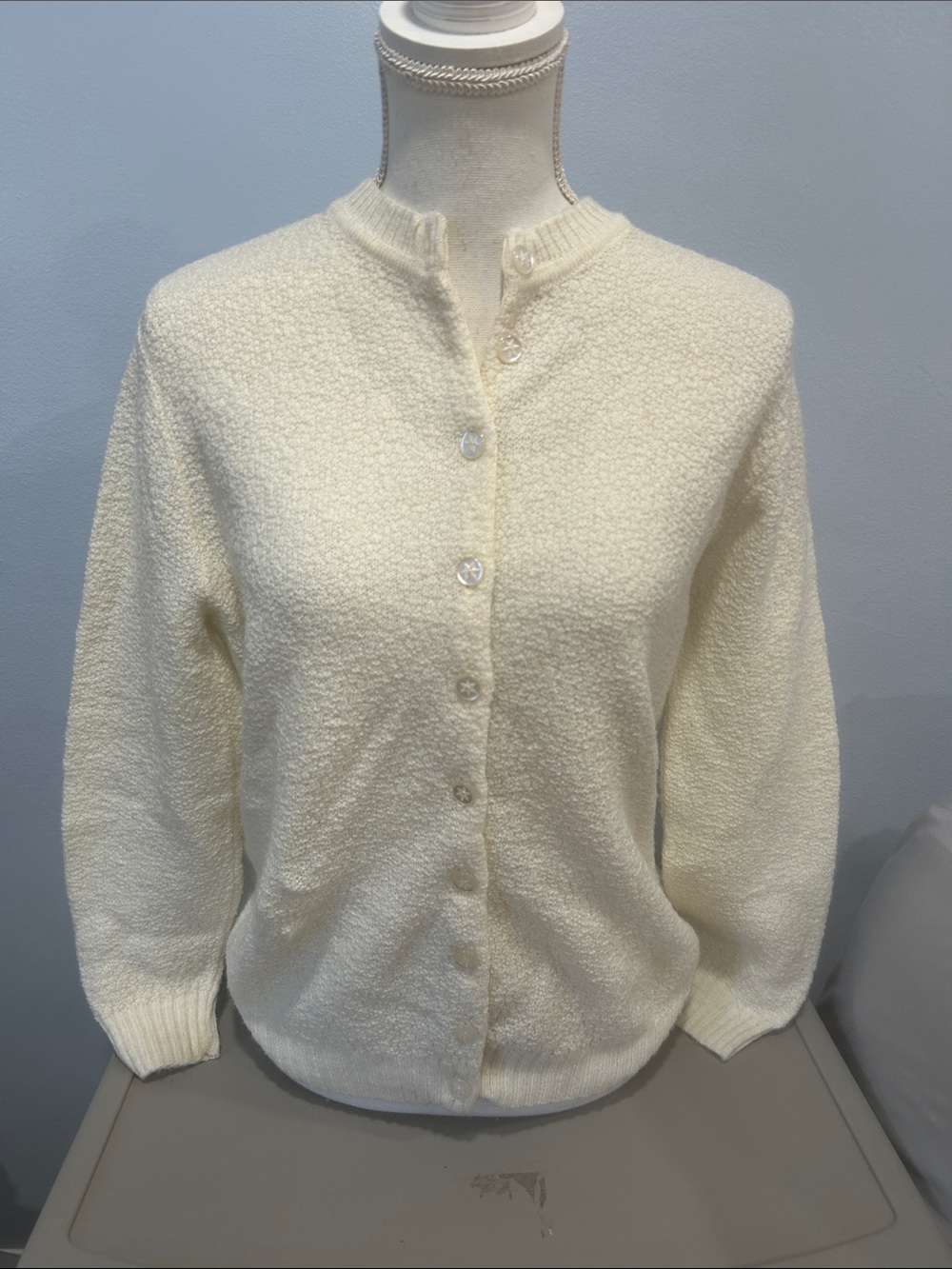 Mary Barr Vintage womens Button Up sweater Medium Ivory cottagecore knit cardi - Picture 12 of 14